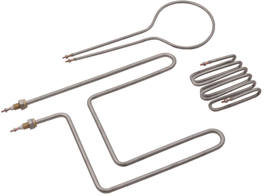 A set of silver-coloured, coiled and tubular heating elements. 