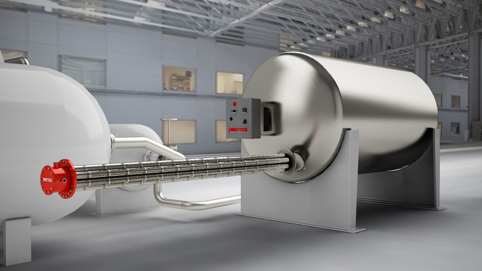 A stainless steel tank and immersion heater sit in a large, greyish warehouse.
