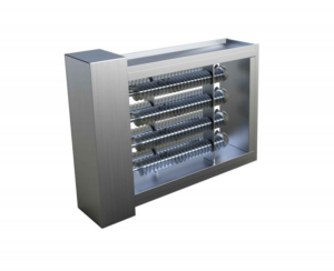 A silver HVAC duct heater unit