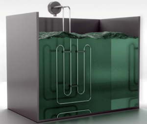 An over the side heater is submerged in a green liquid.