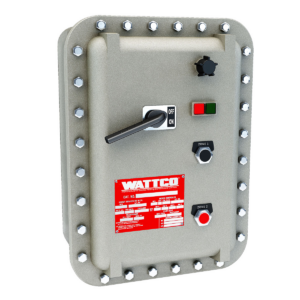 A gray temperature control panel with explosion-proof bolting